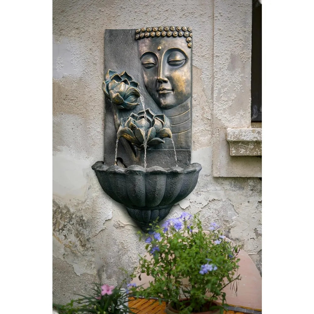 Tall Outdoor Zen Lotus Buddha Wall Fountain Black Resin