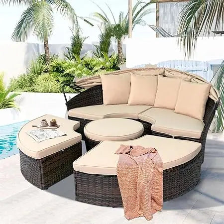 Patio Round Daybed With Retractable Canopy Rattan Wicker