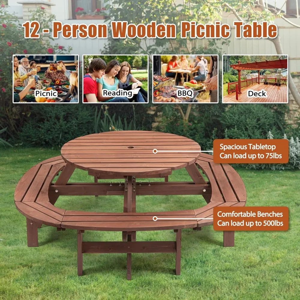 10 Person Solid Wood Round Picnic Table and Bench Set with Umbrella Hole Outdoor Furniture