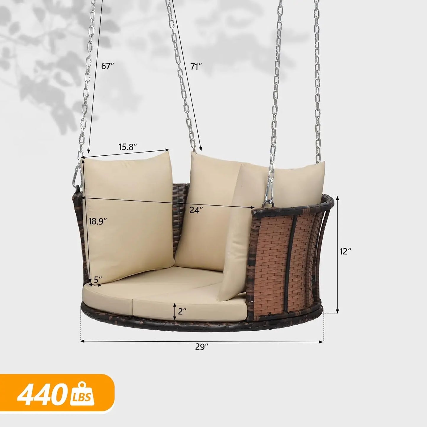 2.4 FT Rattan Porch Swing for One Person Outdoor Support 440 Pounds with Cushions and Adjustable Chains