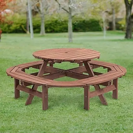 10 Person Solid Wood Round Picnic Table and Bench Set with Umbrella Hole Outdoor Furniture