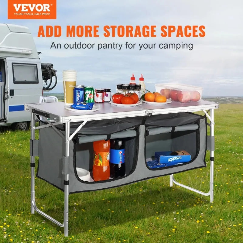 BENTISM Camping Kitchen Table Folding Portable Cook Station with 3 Adjustable Heights