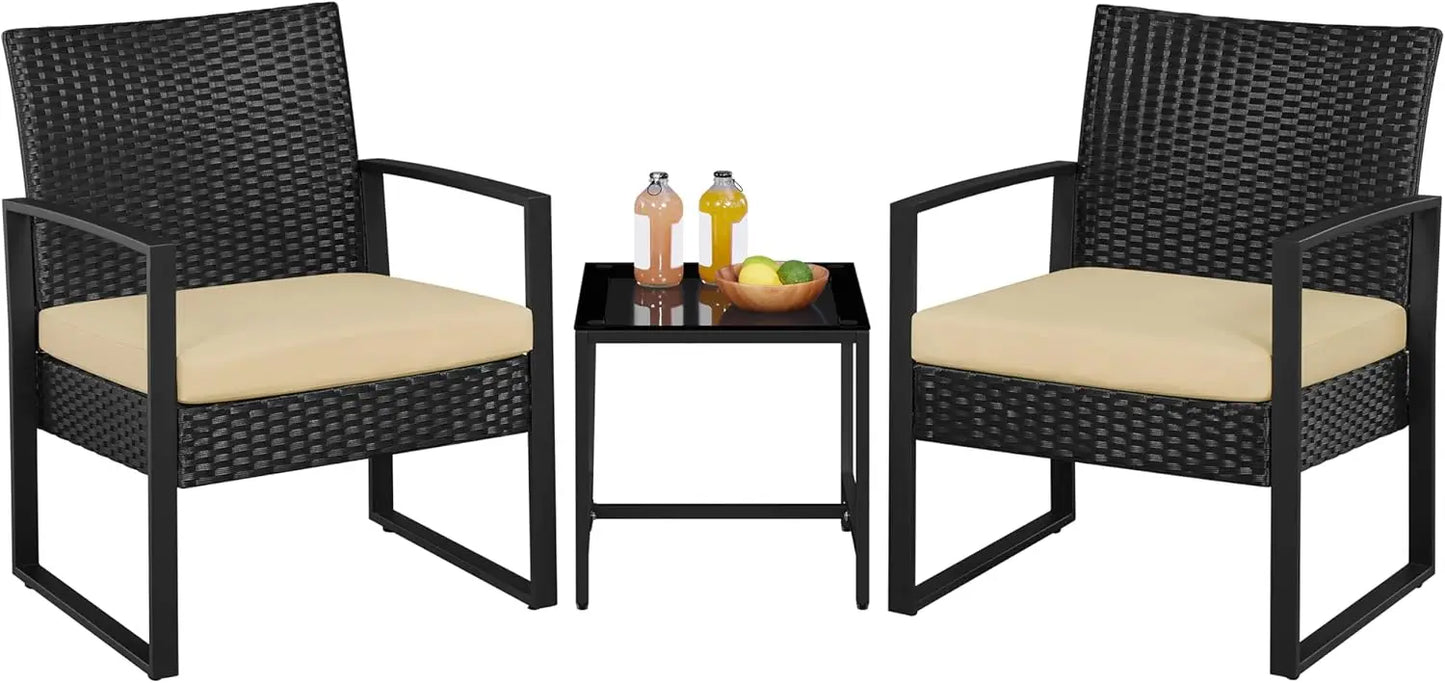 3 Pieces Rattan Bistro Set Indoor Outdoor Wicker Patio Modern Conversation Furniture 2 Chairs and Tempered Glass Coffee Table