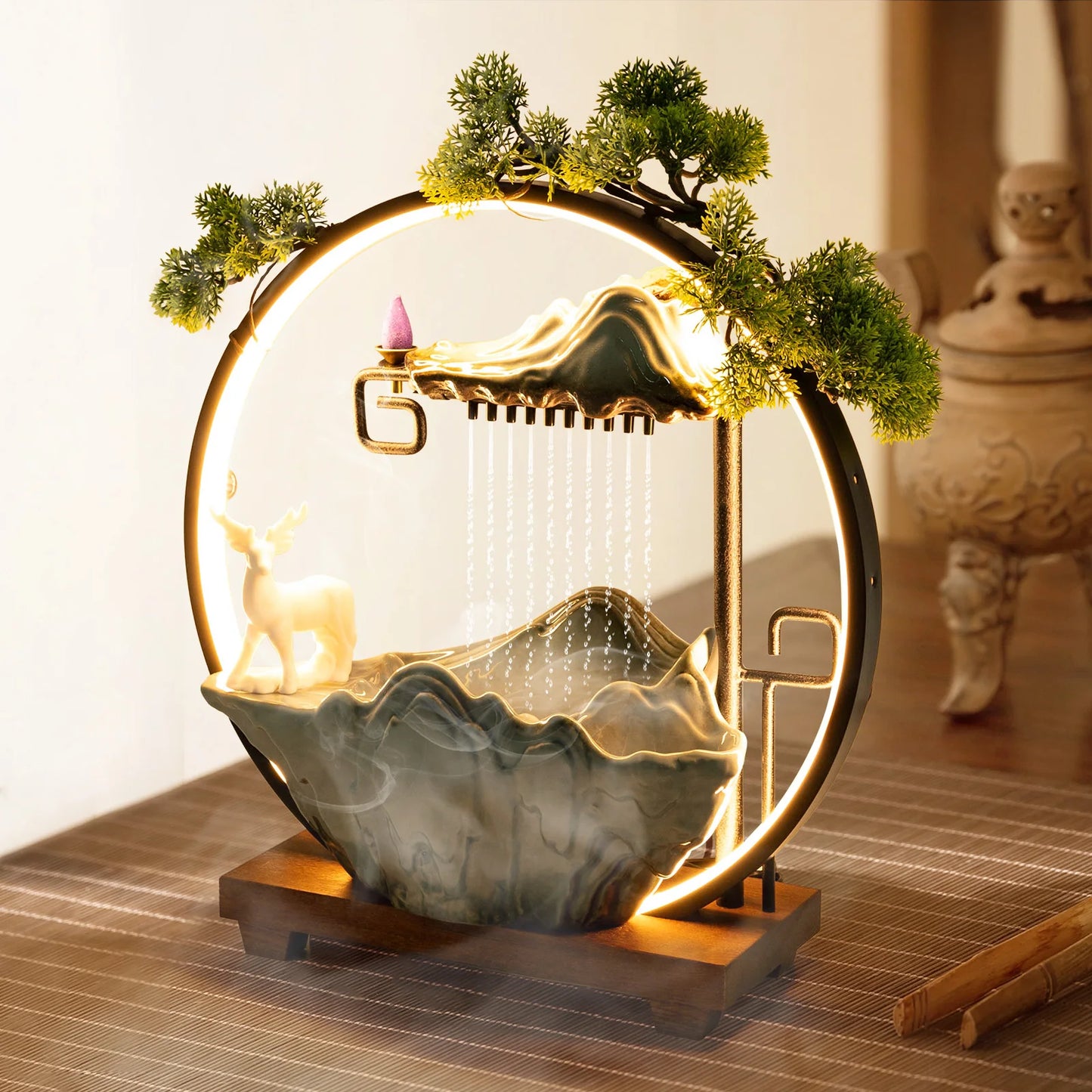 Indoor LED Waterfall Fountain With Mist Maker And Warm Light Home Yoga Tabletop Zen Water Feature Deer Motif Good Luck Symbol