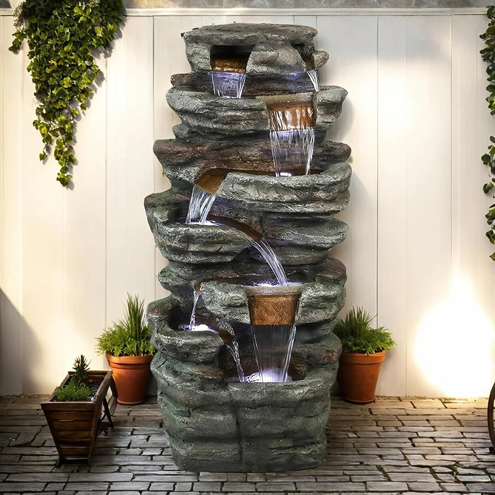7 Tier Outdoor Garden Water Fountain with LED Light Resin Waterfall Decor for Patio Yard Porch and Backyard Relaxing Sound