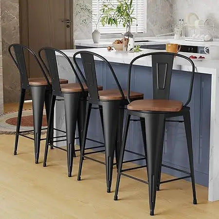 30 Inch Swivel Metal Bar Stools Set Of 4 High Back Wood