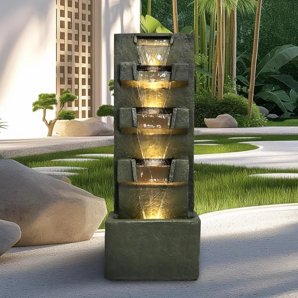 39.3 Inch High Concrete Water Fountain Five Tiers Indoor Outdoor LED Lights Soothing Sound Easy Maintenance Garden Decor