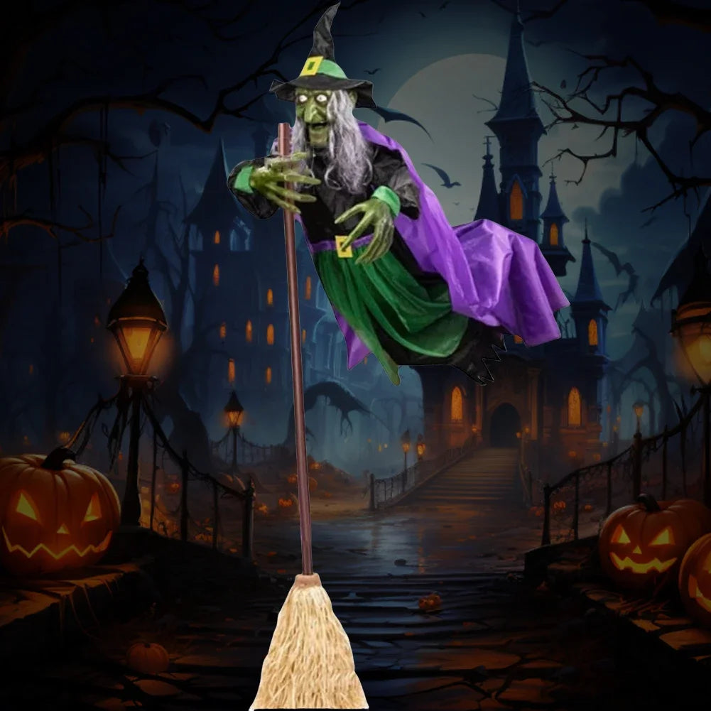Hovering Flying Witch Decor With Scary Sound Effects Props