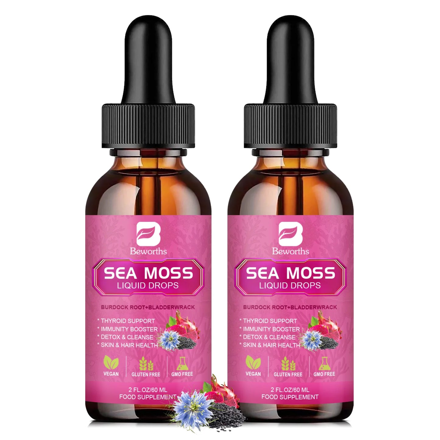 Beworths 3000mg Seamoss Liquid Drops Organic Black Seed Oil Burdock Root Bladder Immunity Hair Skin Digestion Health 60ml