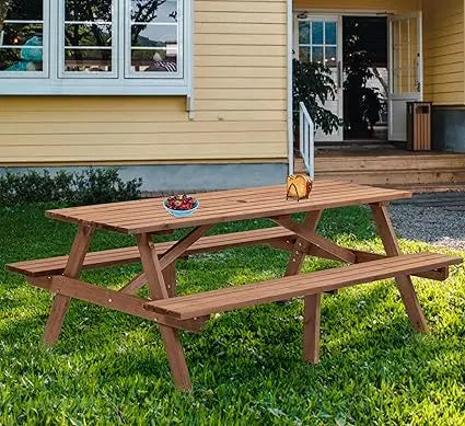 10 Person Solid Wood Round Picnic Table and Bench Set with Umbrella Hole Outdoor Furniture