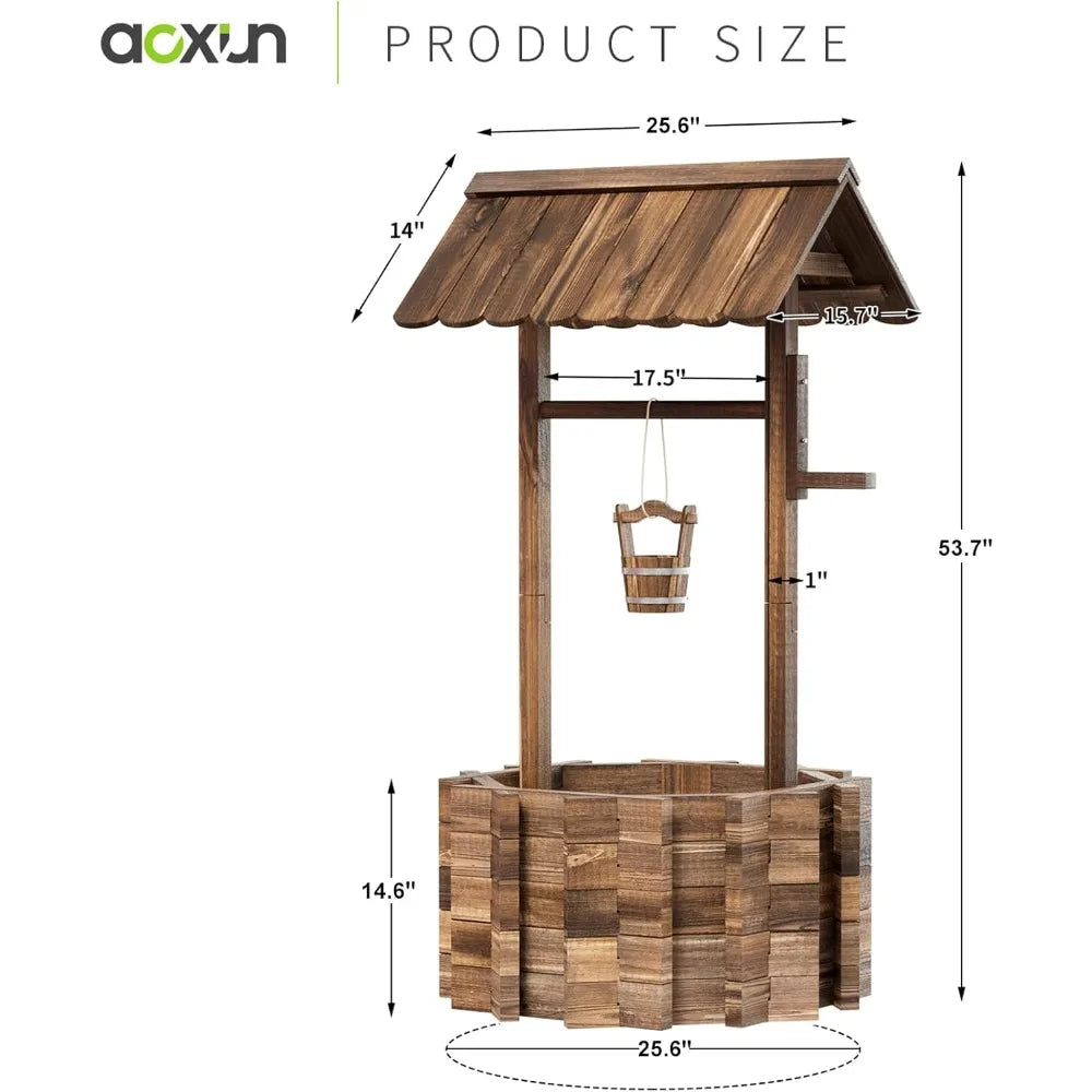 Outdoor Wooden Wishing Well Planter With Hanging Bucket