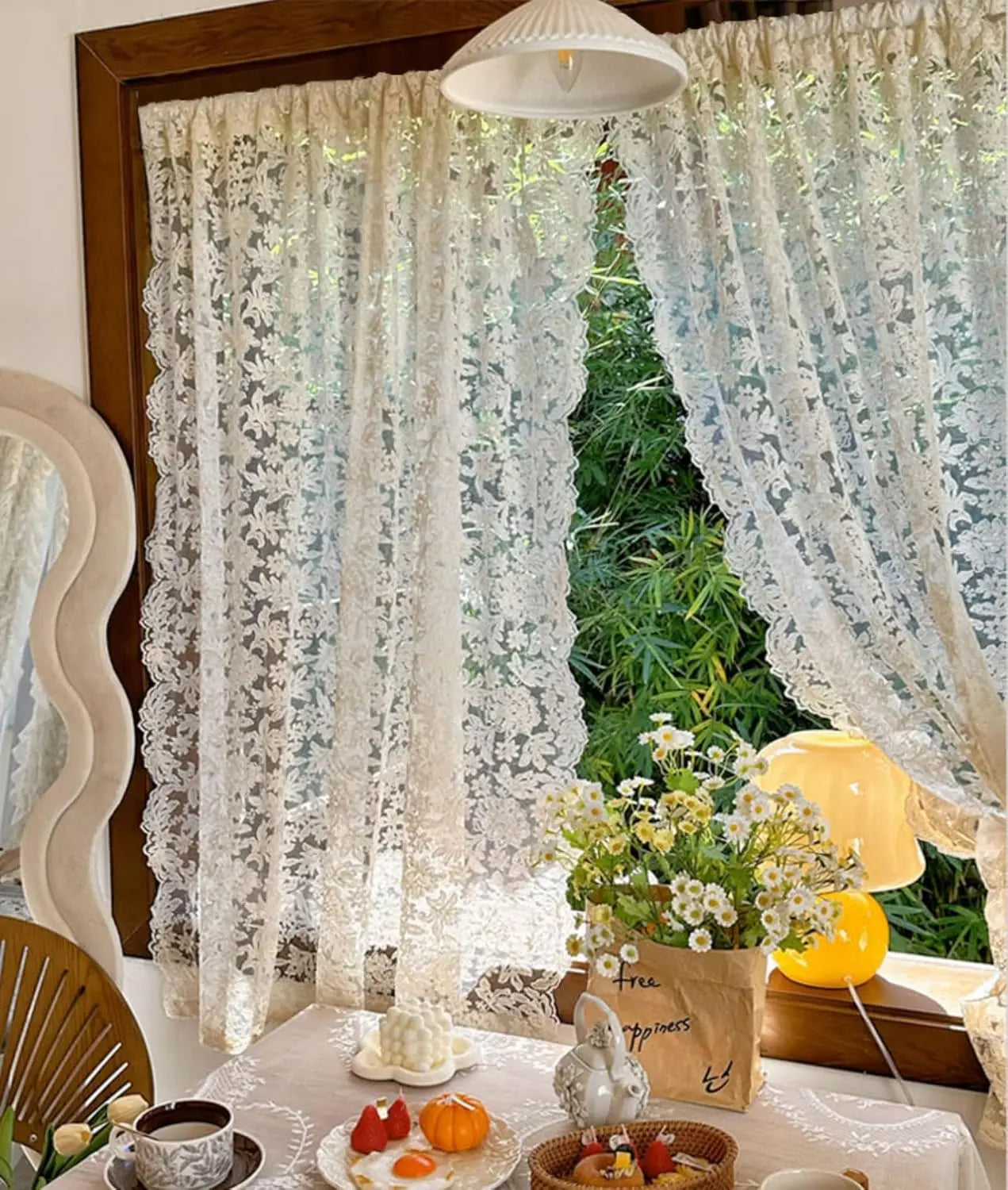 2 Pcs White Tulle Lace Embroidered Sheer Curtains for Living Room Bedroom Dining Retro Luxury Decor Door Kitchen Short Curtain