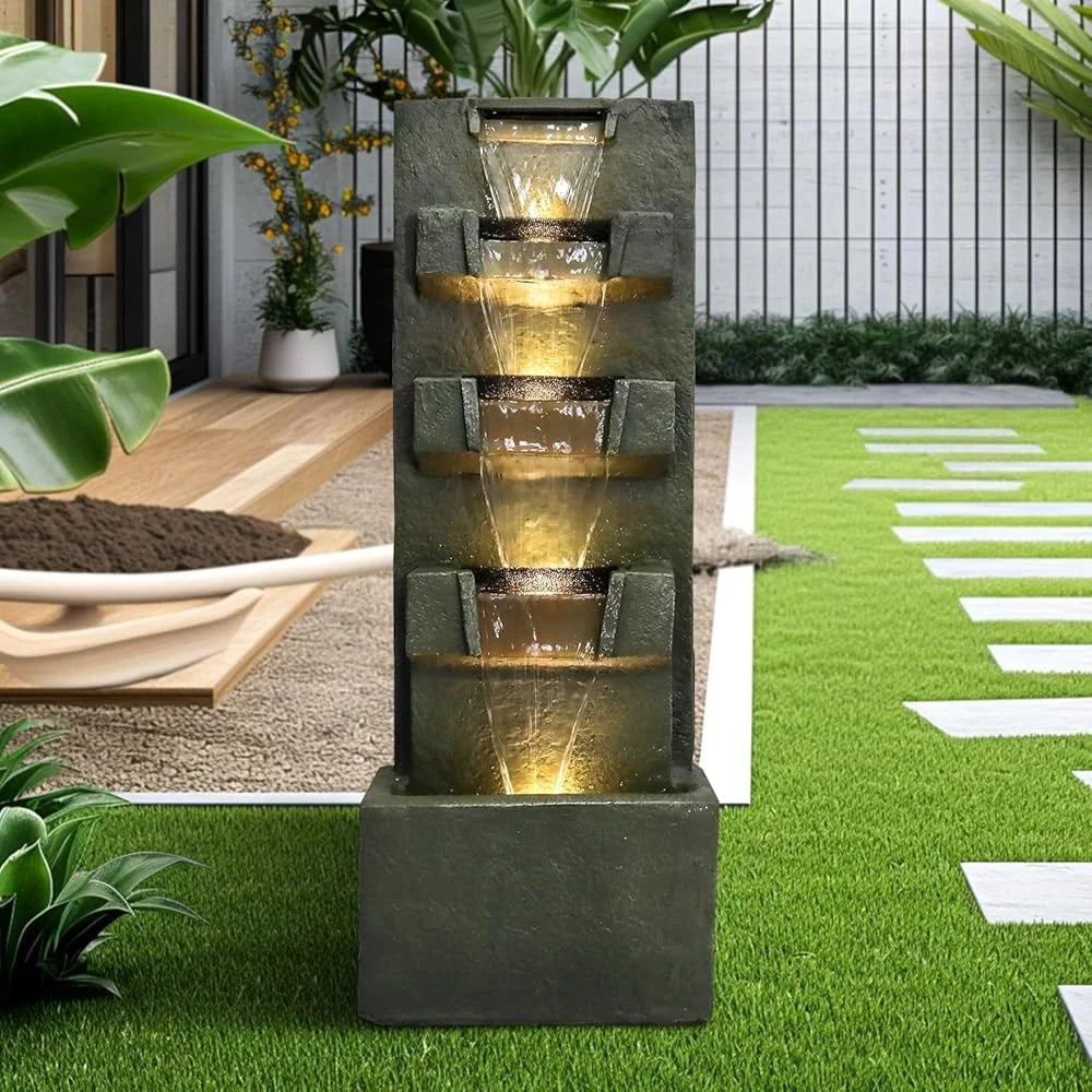 39.3 Inch High Concrete Water Fountain Five Tiers Indoor Outdoor LED Lights Soothing Sound Easy Maintenance Garden Decor