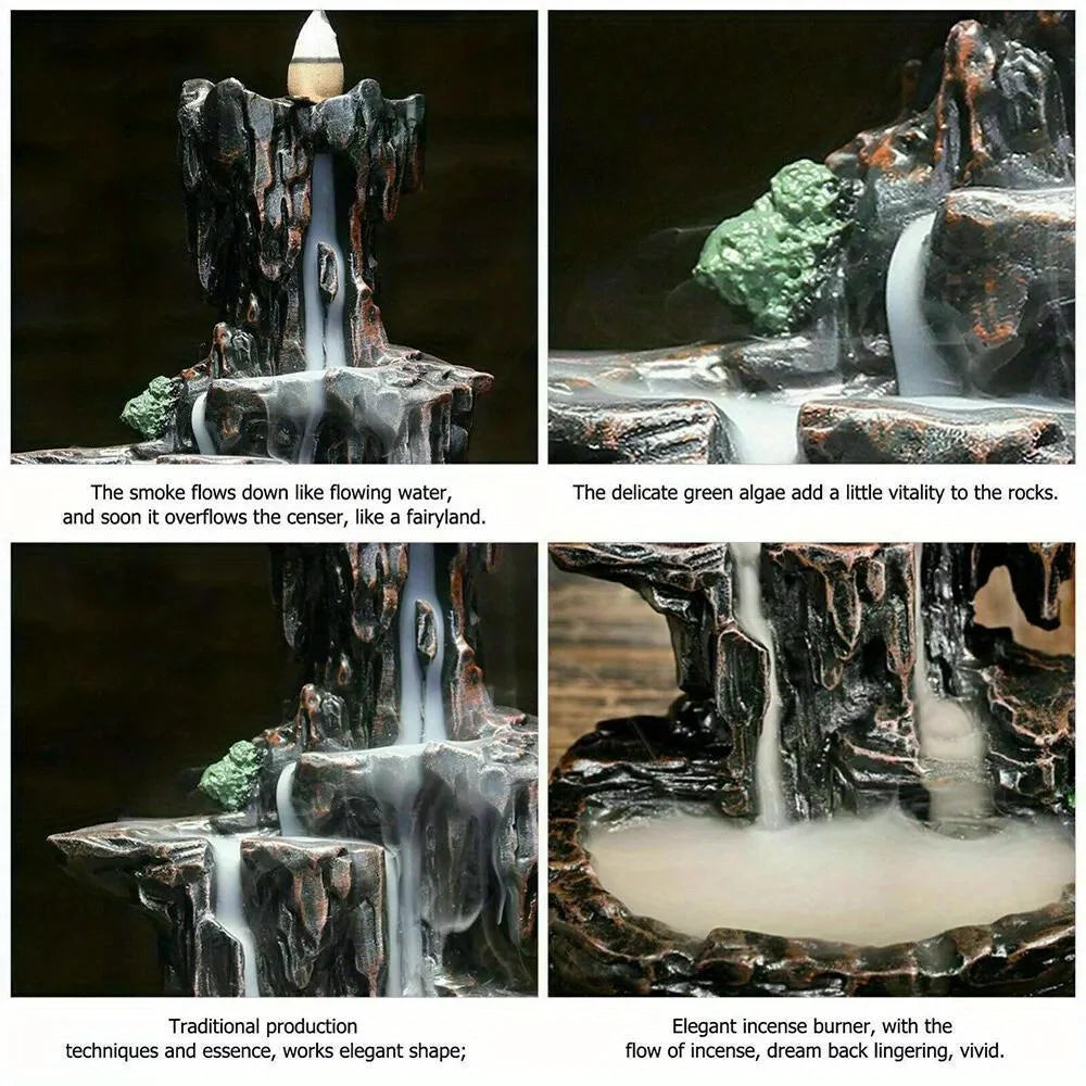 Resin Incense Waterfall Burner with 60 Incense Cones and Stand