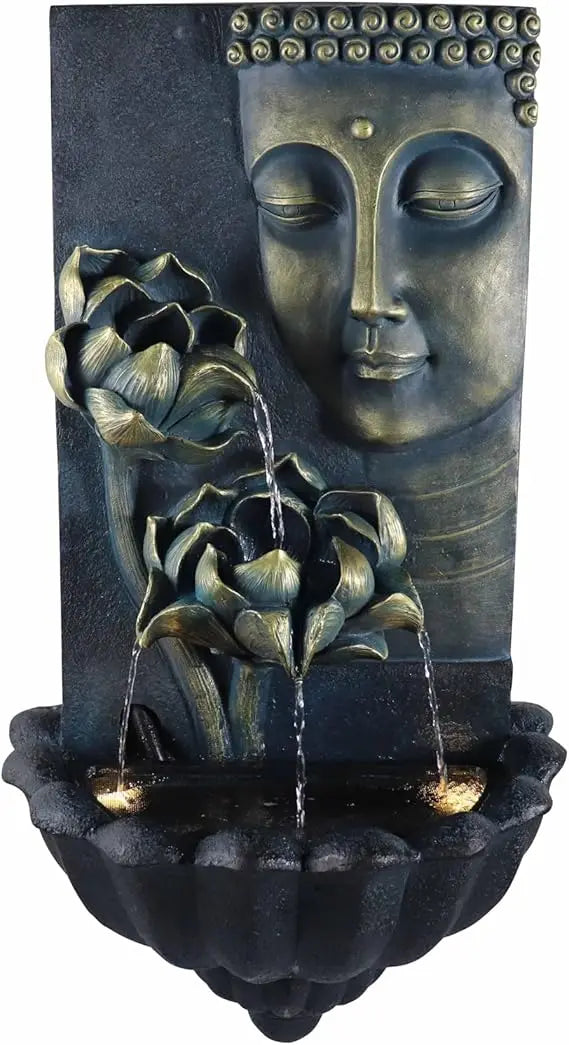 Tall Outdoor Zen Lotus Buddha Wall Fountain Black Resin