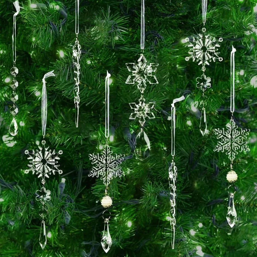 18Pcs Crystal Plastic Christmas Ornaments Set Icicles Snowflakes Beads Garlands