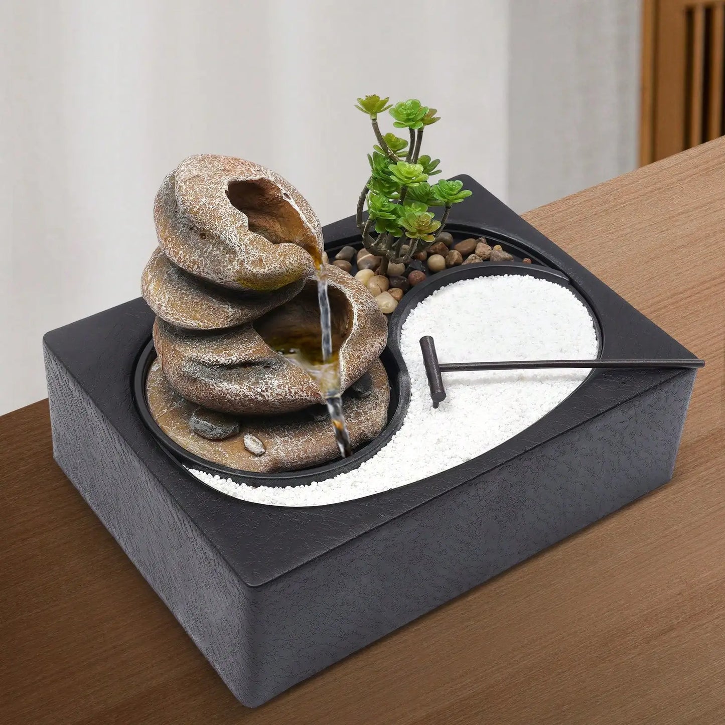 11.4x8.3x8.7 Inch Tabletop Fountain With LED Light Waterfall Zen Meditation Desktop Resin Rockery Water Fountain Bonsai Decor Gift