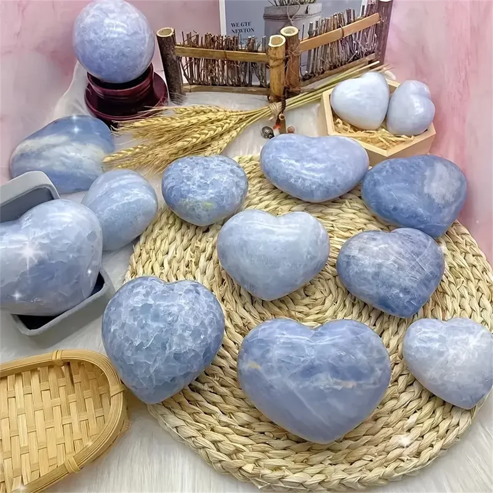 1pc Natural Celestite Heart Crystal Love Carved Palm Stone Thumb Polished Pocket Gemstone