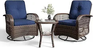 3 Pieces Patio Furniture Set With Swivel Rocker Chairs Set Of 2 Wicker Outdoor Bistro Set With Rocking Chair And Thickened Cushions