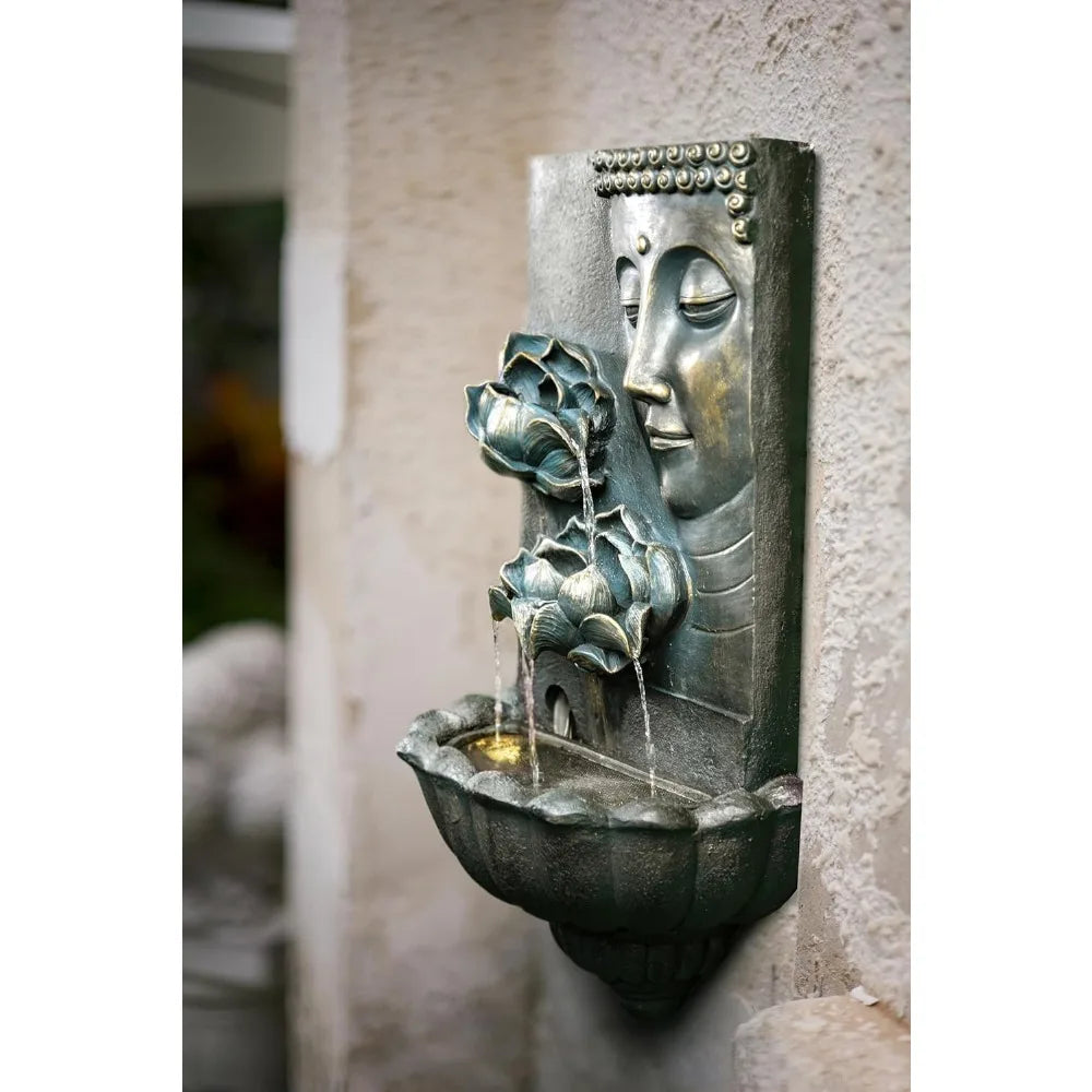 Tall Outdoor Zen Lotus Buddha Wall Fountain Black Resin