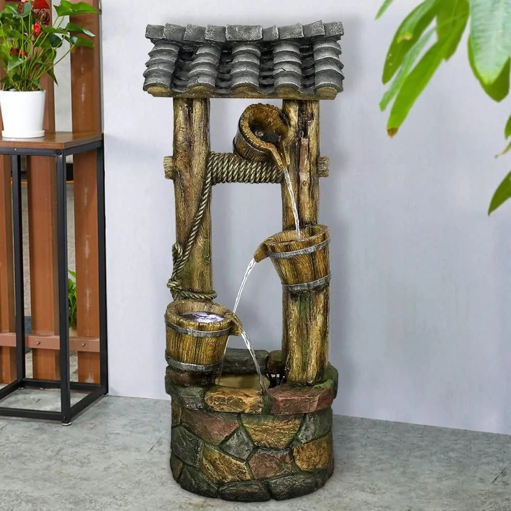 Wishing Well Water Fountain, 39.3inches Rustic Outdoor Water Fountains - Outdoor Cascading Waterfall with Buckets, Pump & Lights