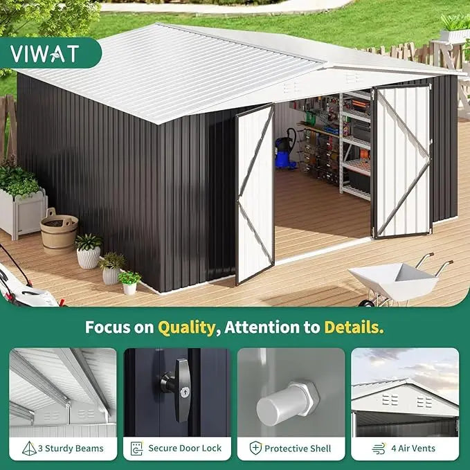 12x14 Ft Outdoor Metal Storage Shed With Lockable Doors