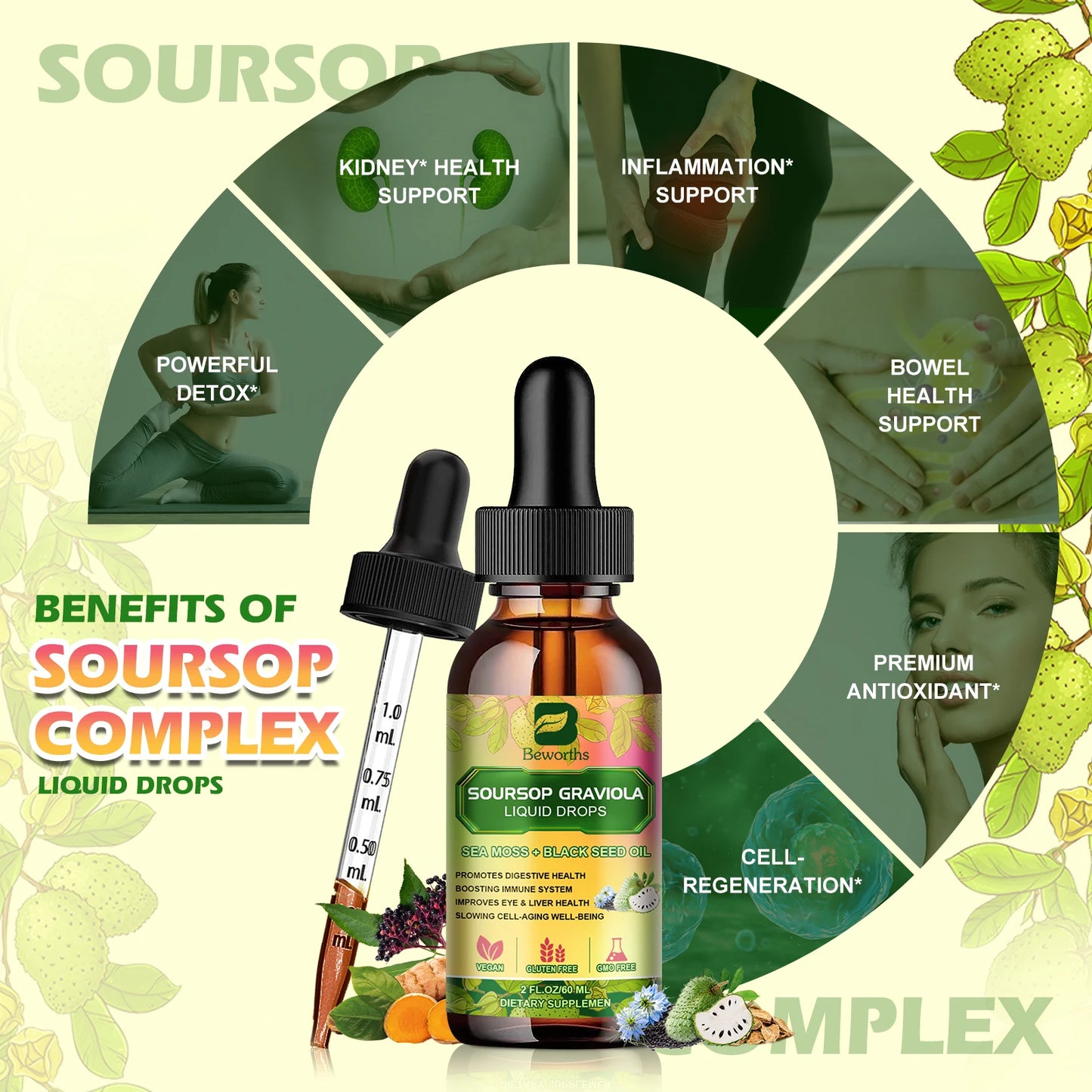 Beworths 60ml Soursop Graviola Extract Drops Support Immunity Kidney Health Detox Antioxidation Gluten Free