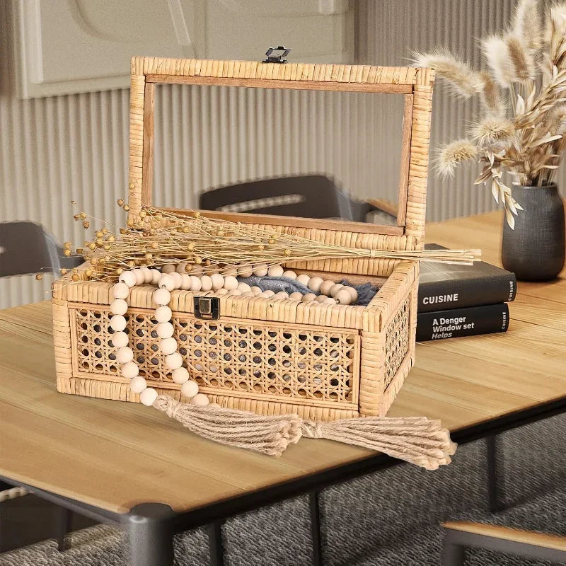 Rattan Decorative Box with Lid Set of 2 Rectangular Woven Glass Display Wicker Decor