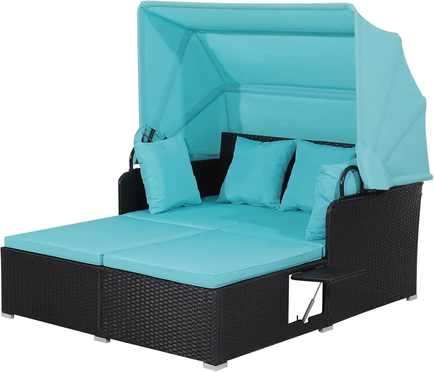 Outdoor Hand-Woven PE Wicker Daybed Patio Loveseat Sofa Set with Retractable Canopy & 2 Side Tables, Outdoor Sun Lounger
