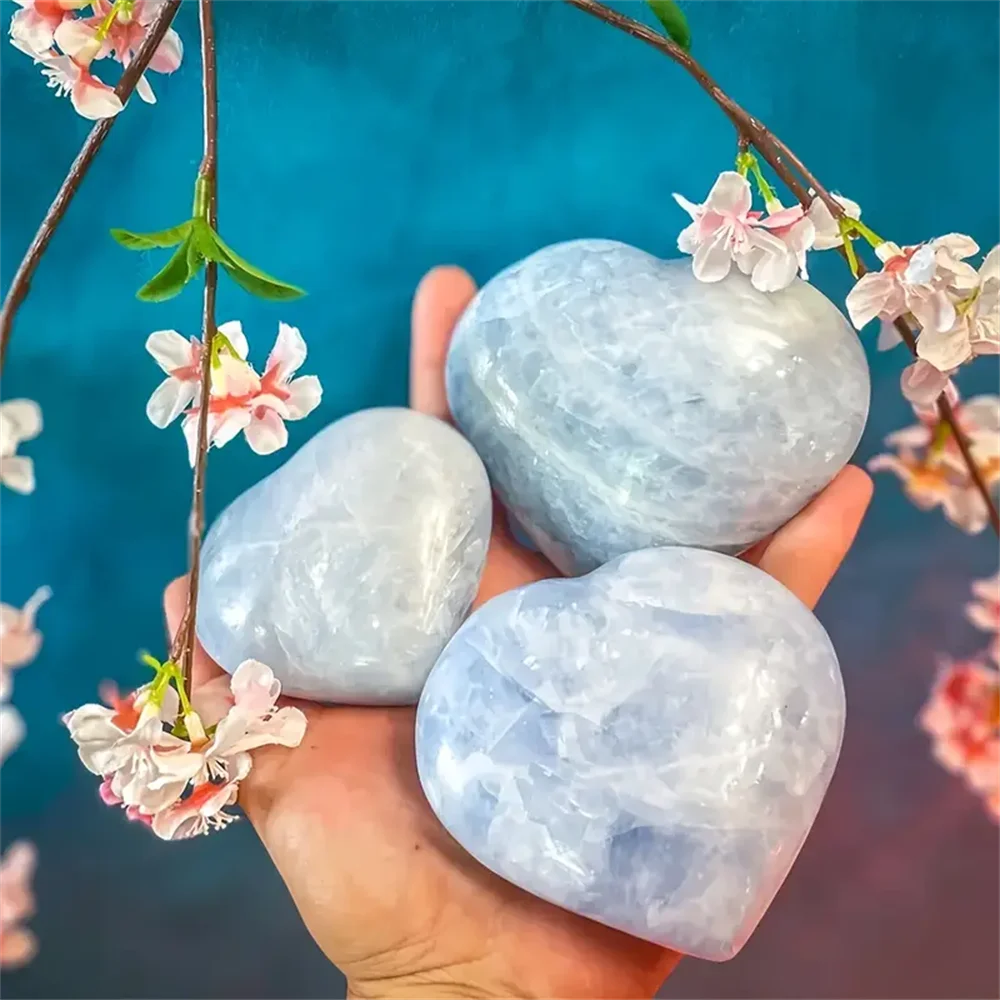1pc Natural Celestite Heart Crystal Love Carved Palm Stone Thumb Polished Pocket Gemstone