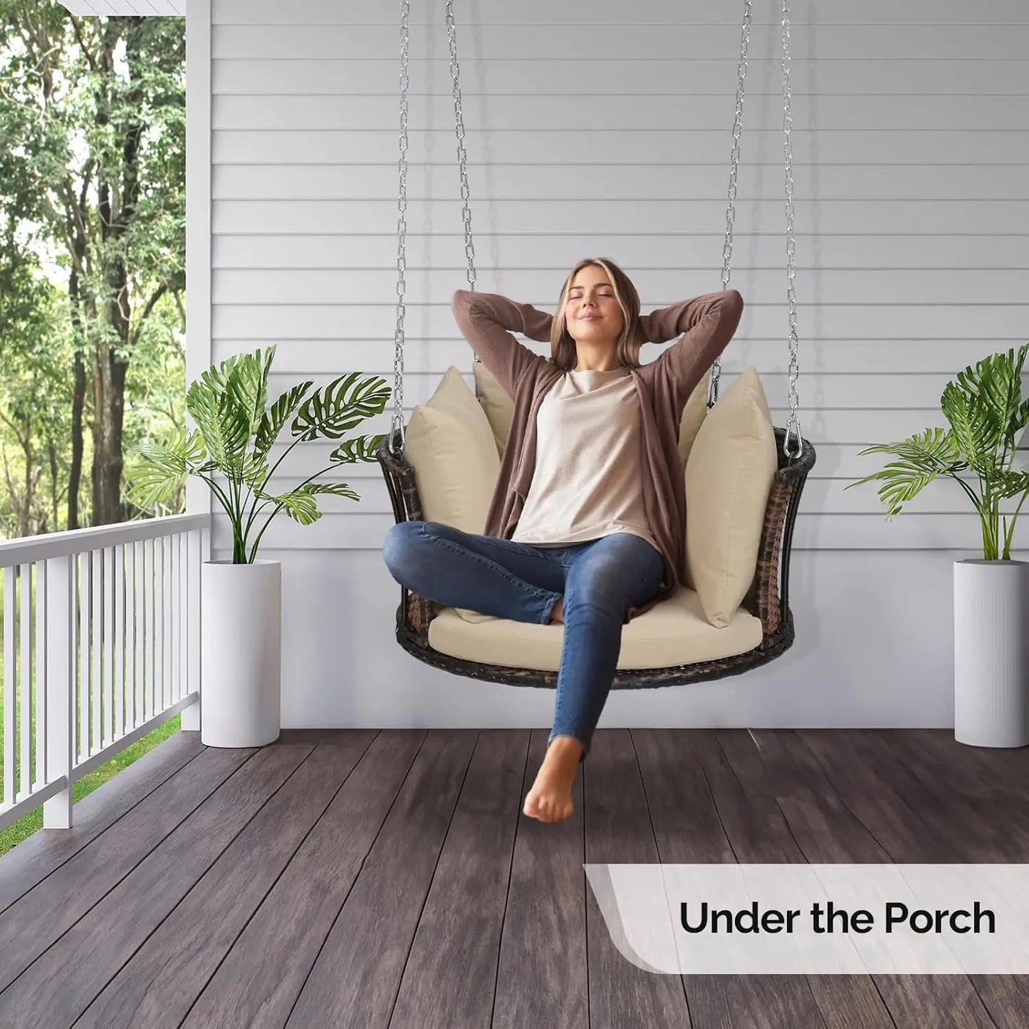 2.4 FT Rattan Porch Swing for One Person Outdoor Support 440 Pounds with Cushions and Adjustable Chains