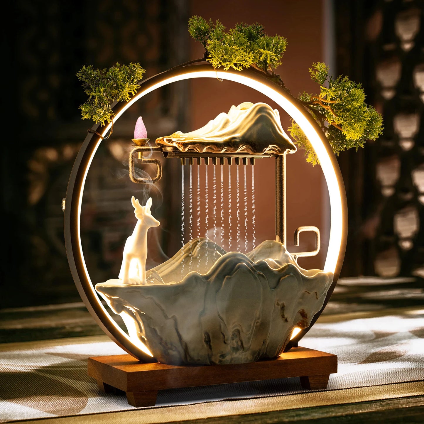 Indoor LED Waterfall Fountain With Mist Maker And Warm Light Home Yoga Tabletop Zen Water Feature Deer Motif Good Luck Symbol