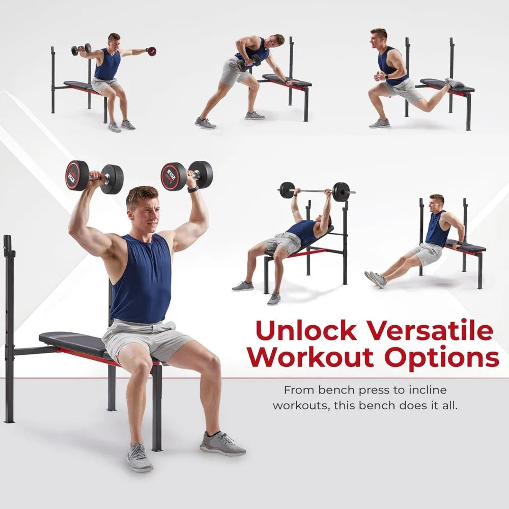 Sunny Health and Fitness Compact Premium Incline Bench Press Bar Rack Set with Optional Leg Extension Developer and Preacher Curl