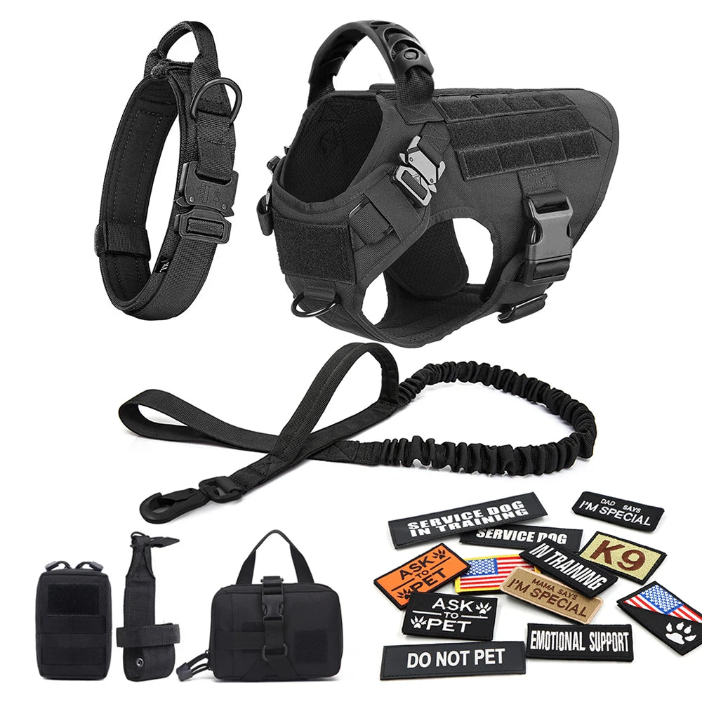 Military Large Dog Harness with Collar Leash Bags and Patches Set for Pet Malinois Training Vests Tactical Dog Accessories