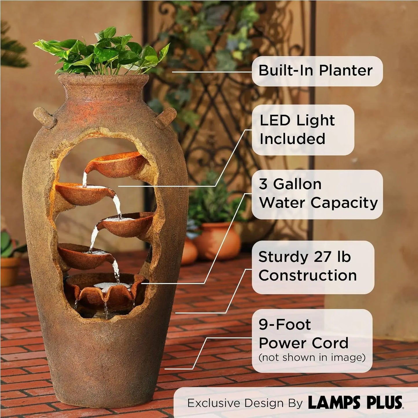 Cascade Rustic Outdoor Floor Urn Waterfalls Fountain 33" High with LED Light and Planter Decor for Garden Patio Yard Deck Home