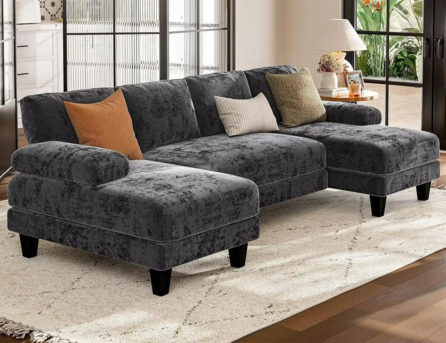 Gray U Shaped Sectional Sofa 111 Inch Modular Double Chaise