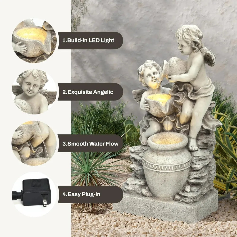 LuxenHome 30 Inch Outdoor Water Fountain Resin Angels Water Fountain Indoor Outdoor with LED Light 3 Layer Angels and Urn