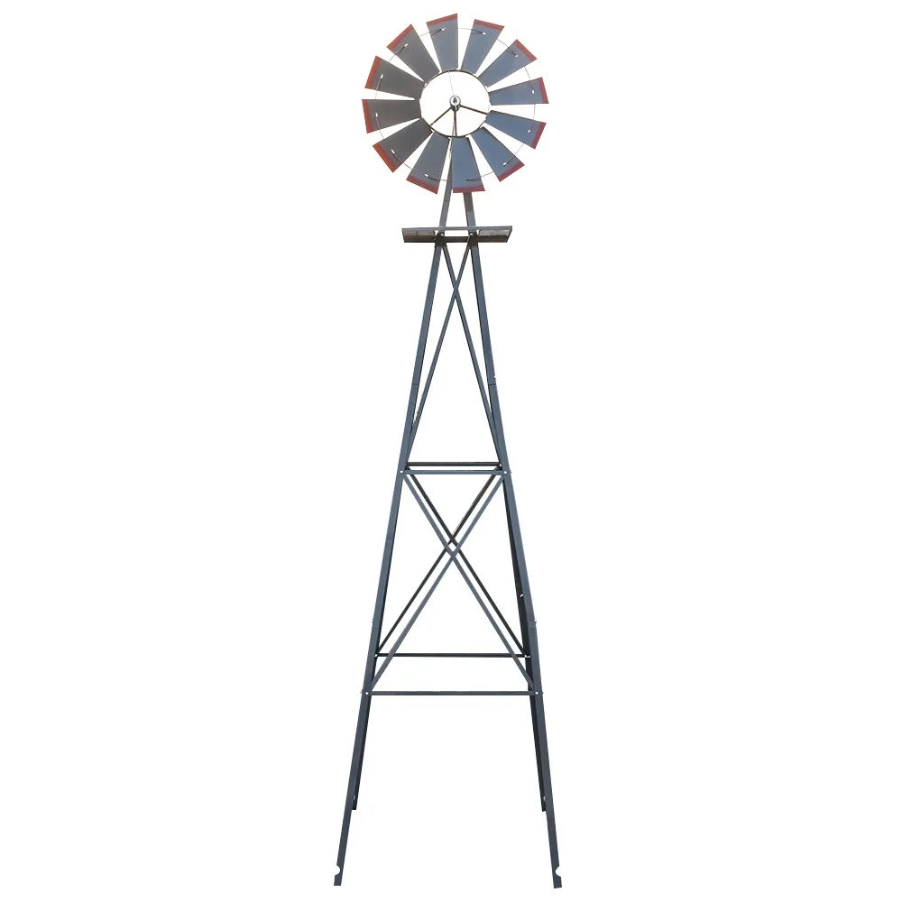 8FT Weather Resistant Yard Garden Windmill Gray & Red Garden Decoration Outdoor Patio Decoration