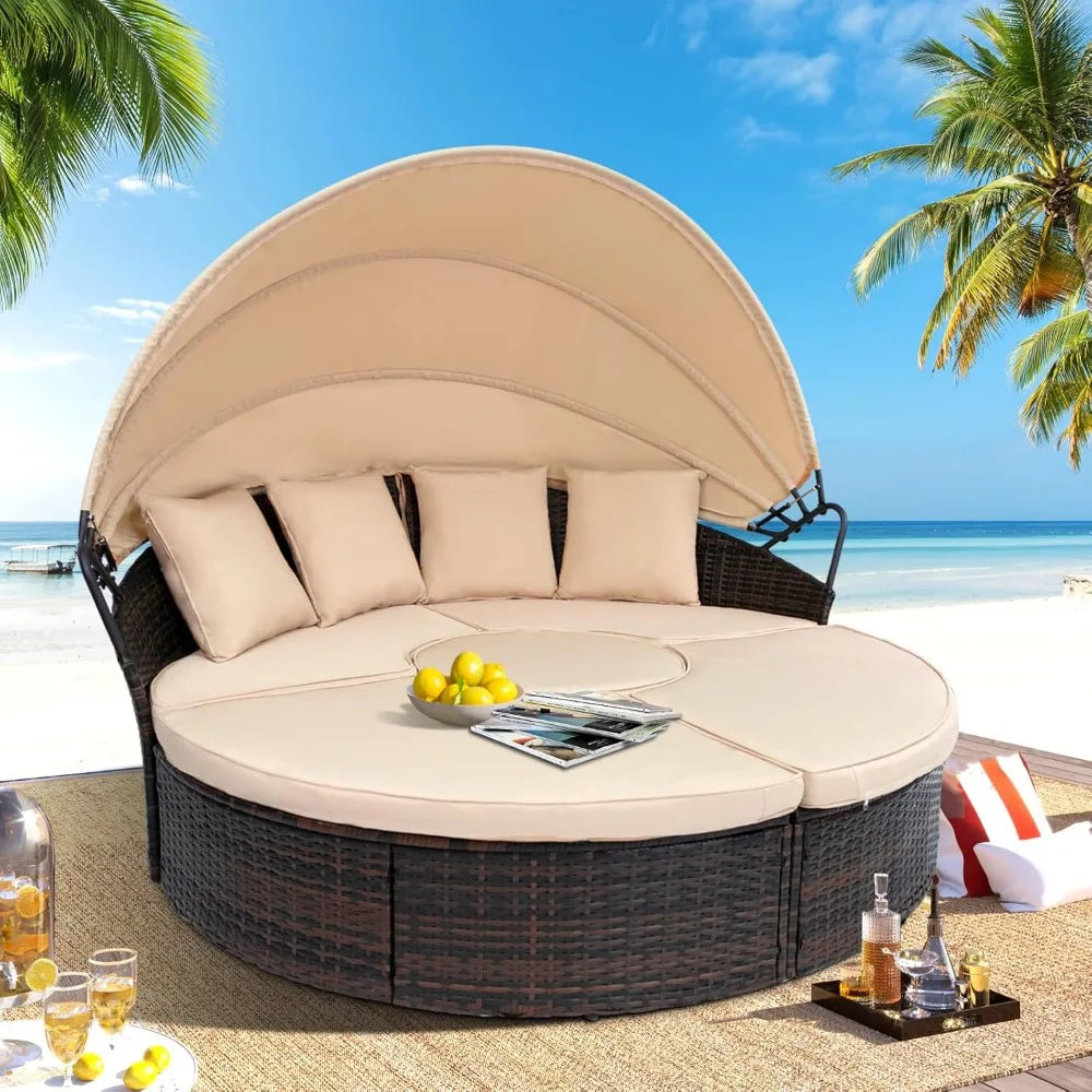 Patio Round Daybed With Retractable Canopy Rattan Wicker