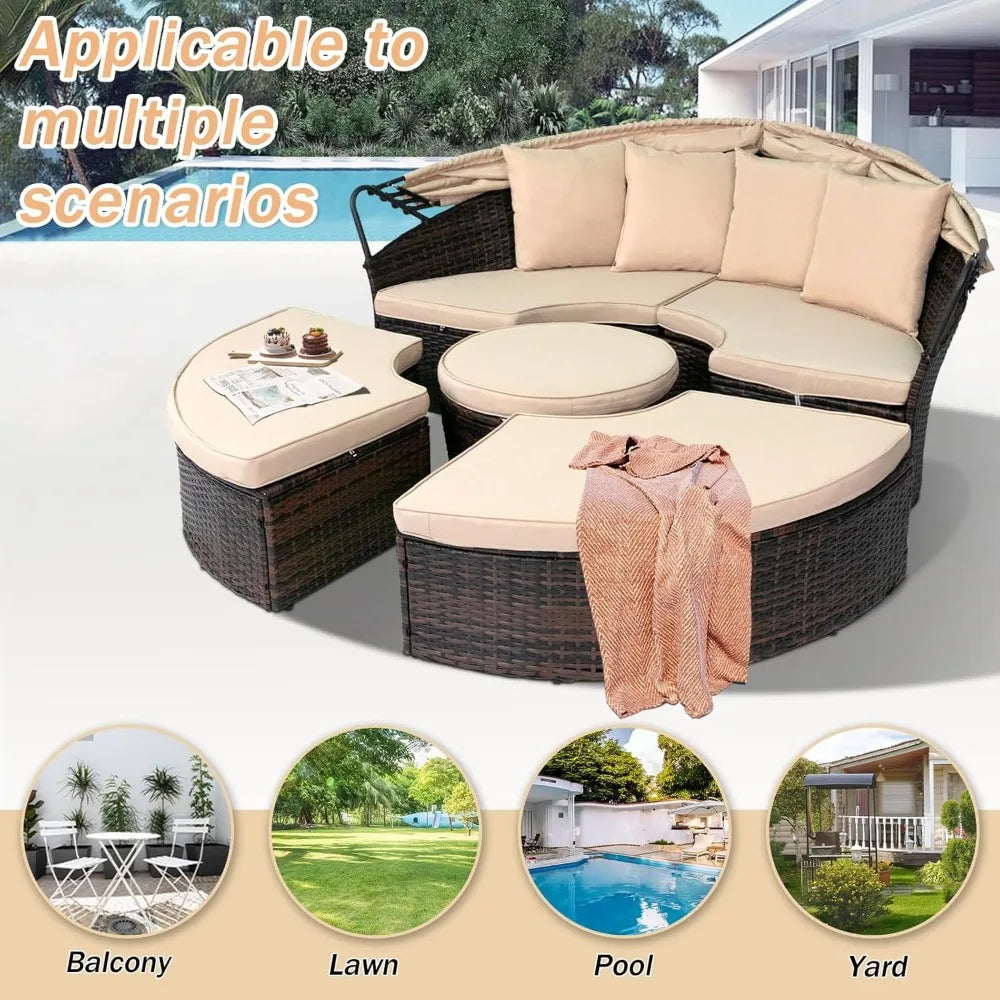 Patio Round Daybed With Retractable Canopy Rattan Wicker