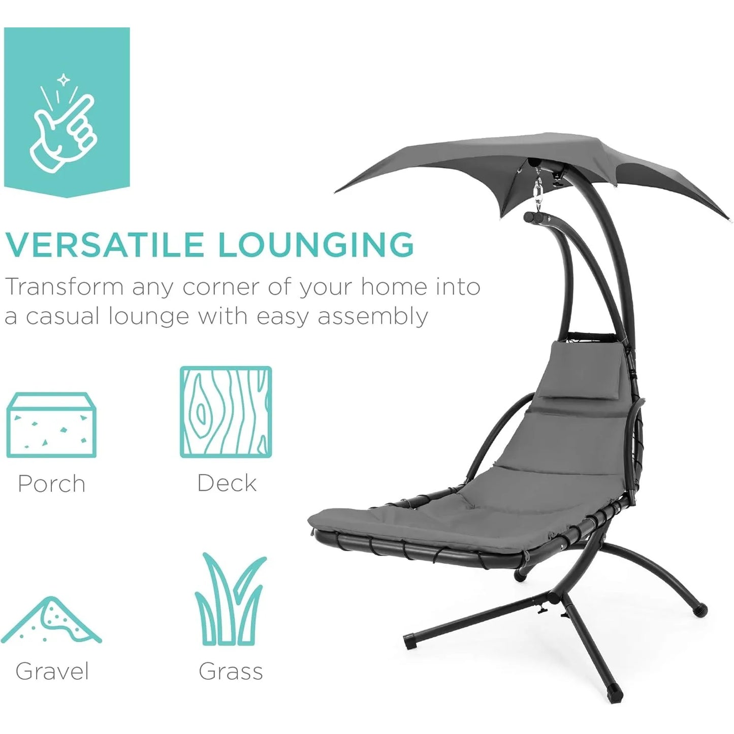 Outdoor Hanging Curved Steel Chaise Lounge Swing Canopy Gray