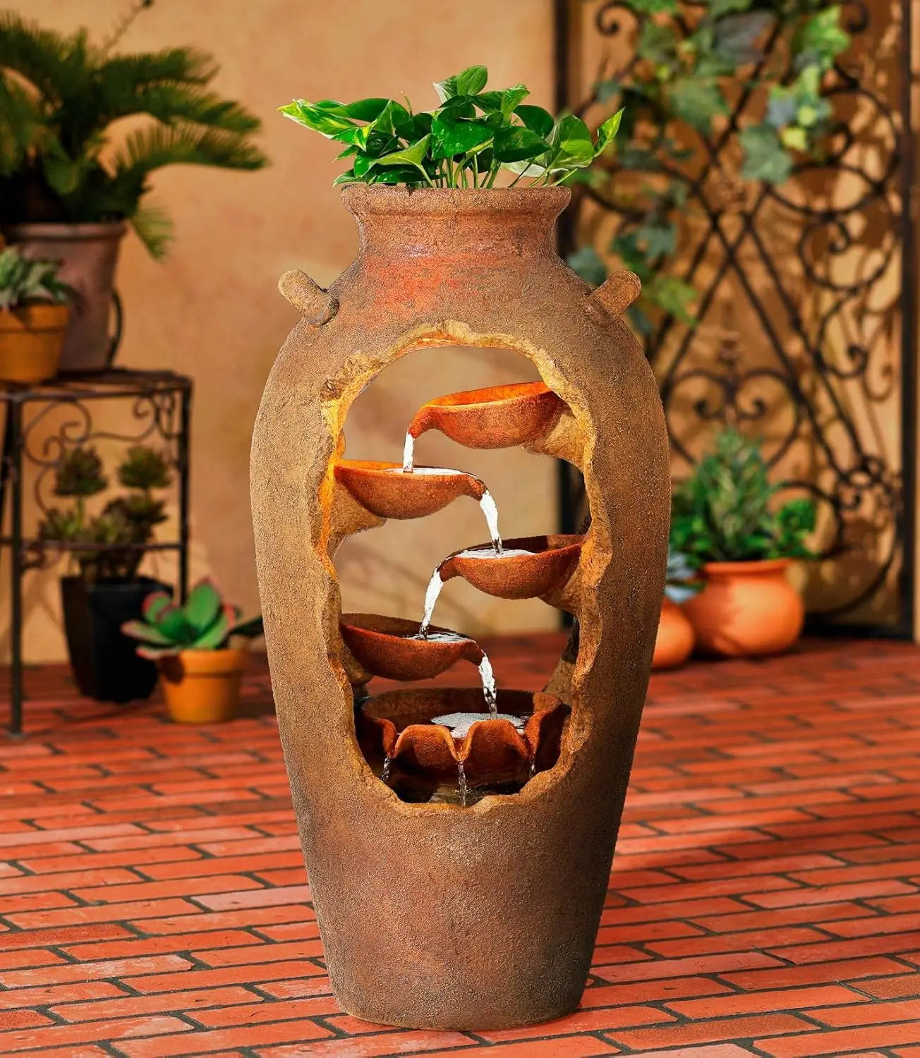 Cascade Rustic Outdoor Floor Urn Waterfalls Fountain 33" High with LED Light and Planter Decor for Garden Patio Yard Deck Home