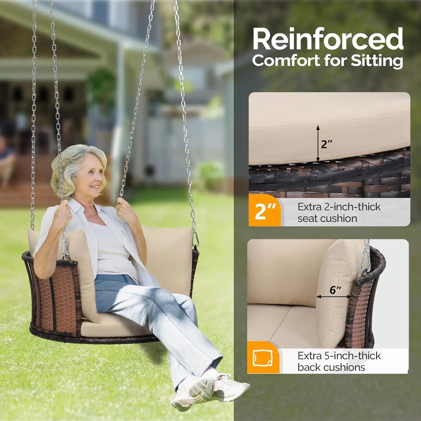 2.4 FT Rattan Porch Swing for One Person Outdoor Support 440 Pounds with Cushions and Adjustable Chains