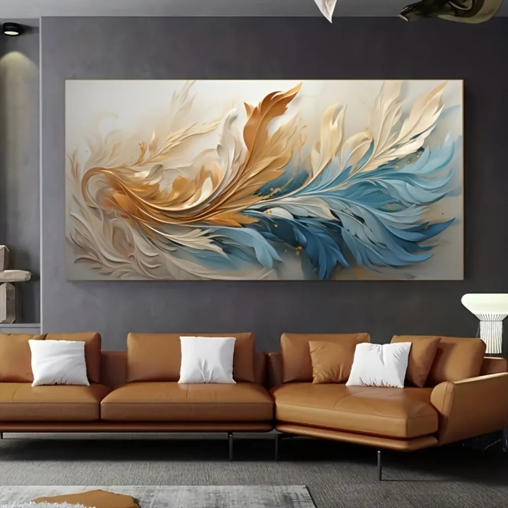 Modern Abstract Gold Feather Canvas Art with 1.5 Inch Thick Pine Solid Wood Frame for Interior Decoration