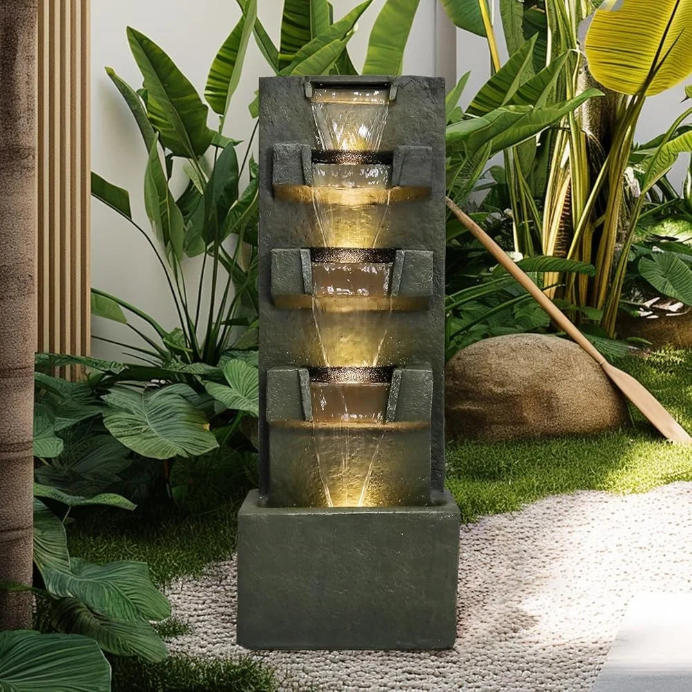39.3 Inch High Concrete Water Fountain Five Tiers Indoor Outdoor LED Lights Soothing Sound Easy Maintenance Garden Decor