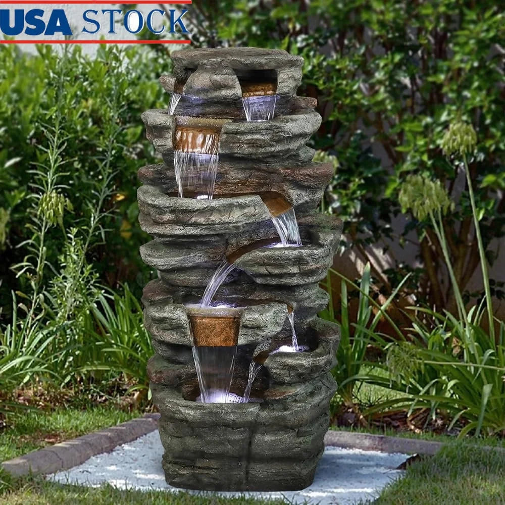 7 Tier Outdoor Garden Water Fountain with LED Light Resin Waterfall Decor for Patio Yard Porch and Backyard Relaxing Sound