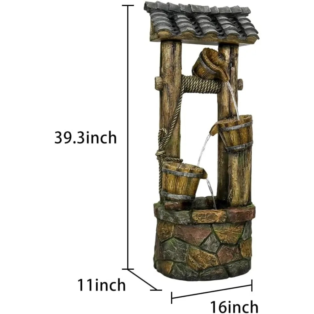 Wishing Well Water Fountain, 39.3inches Rustic Outdoor Water Fountains - Outdoor Cascading Waterfall with Buckets, Pump & Lights