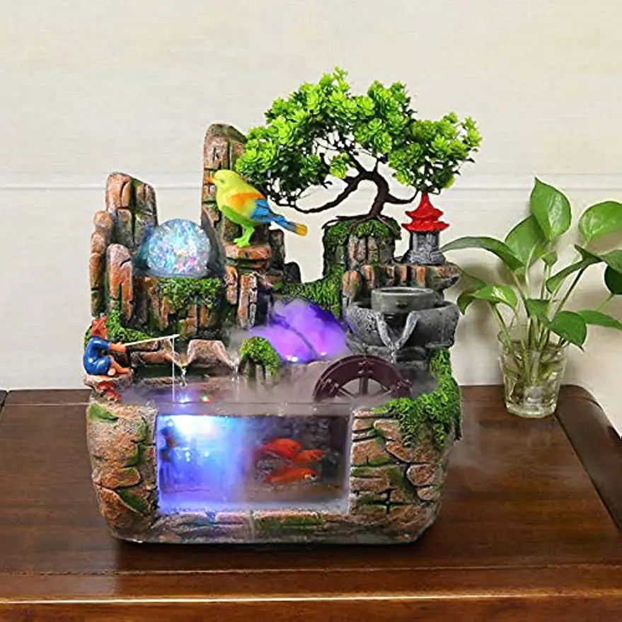 Desktop Fountain Waterfall with Rockery Indoor Relaxation Tabletop Resin Ornament with Light Bird & Fisherman for Home