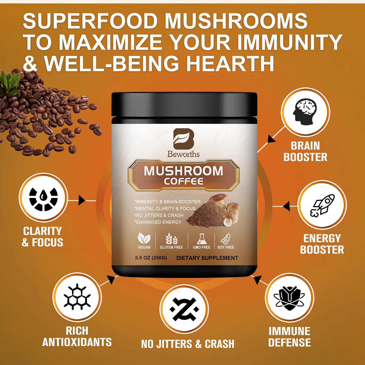 Mushroom Coffee Supplement 10 Mushroom Blend Lion's Mane Chaga Cordyceps Brain Supplements for Energy Memory and Immunity