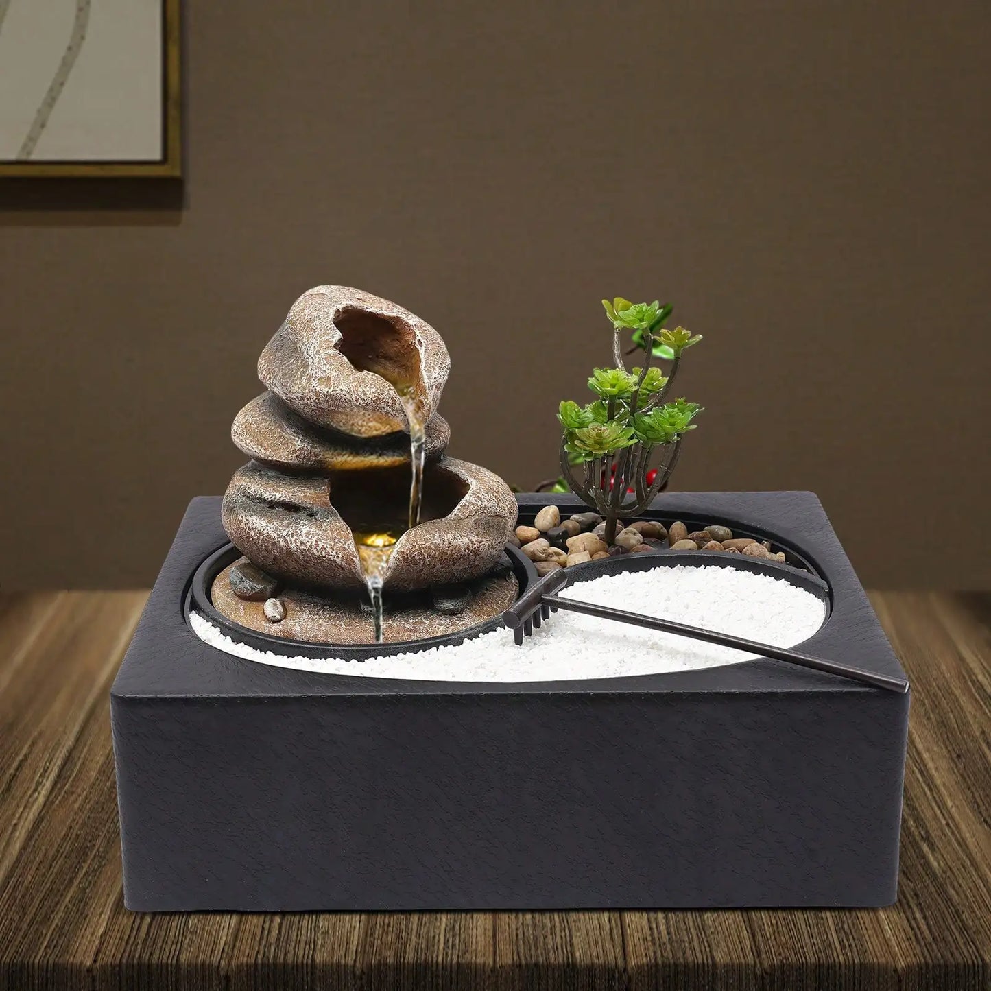 11.4x8.3x8.7 Inch Tabletop Fountain With LED Light Waterfall Zen Meditation Desktop Resin Rockery Water Fountain Bonsai Decor Gift
